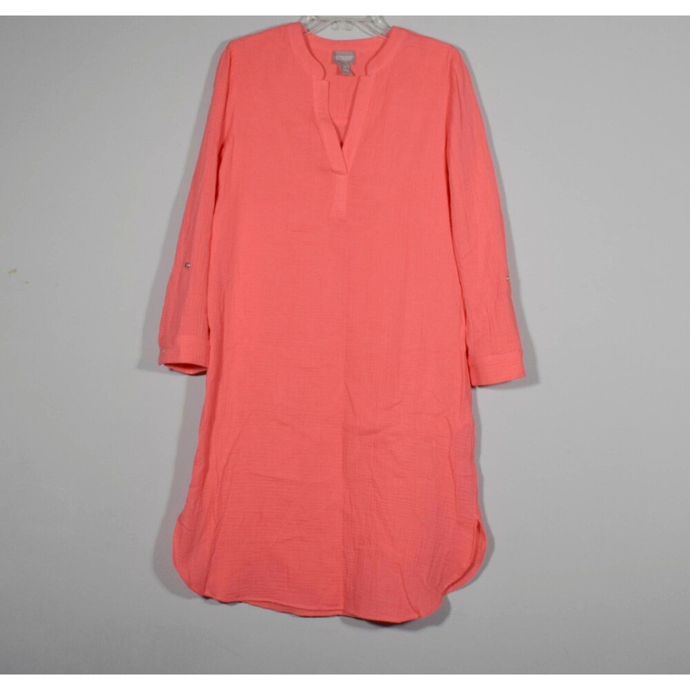 Chico's Women's Calypso Coral Cotton Gauze Dress Rolled Tab Sleeve - Sz O